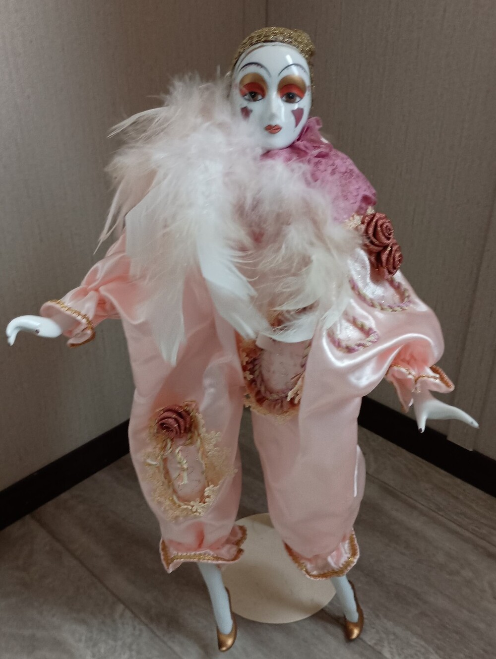 Pink Feathered Porcelain Clown Doll
